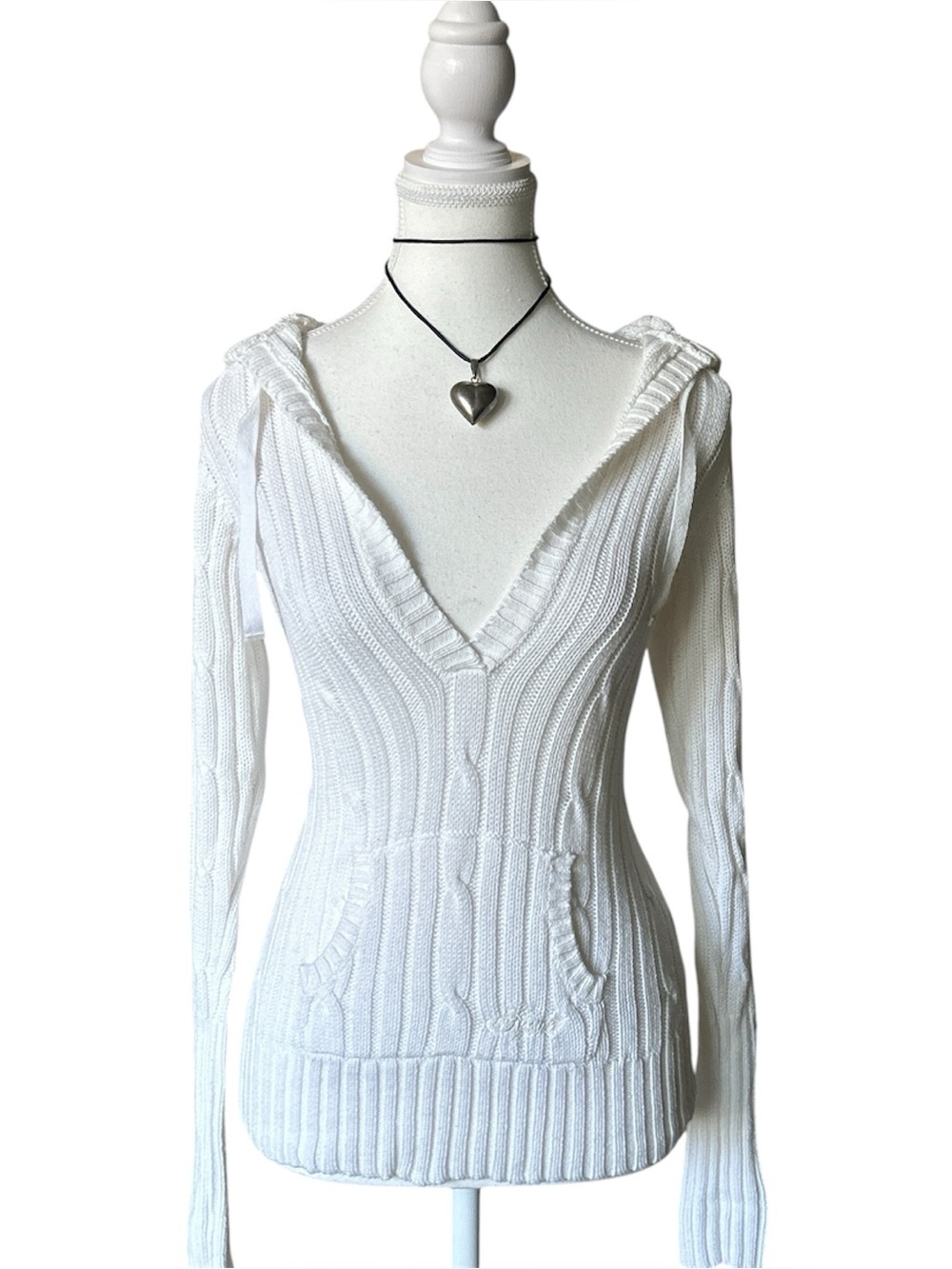 Y2K Coquette “Kismet” White Ribbed Knit V-Neck Long Sleeve Sweater